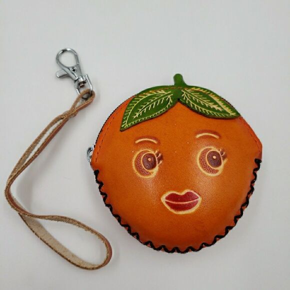 ORANGE FRUIT Pendant Jewelry Pouch Handmade Leather Whimsy Gift Zip Coin Purse - Picture 3 of 13